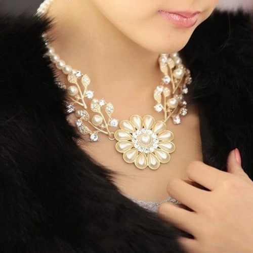 Simulated Pearl Chain Rhinestone Necklace